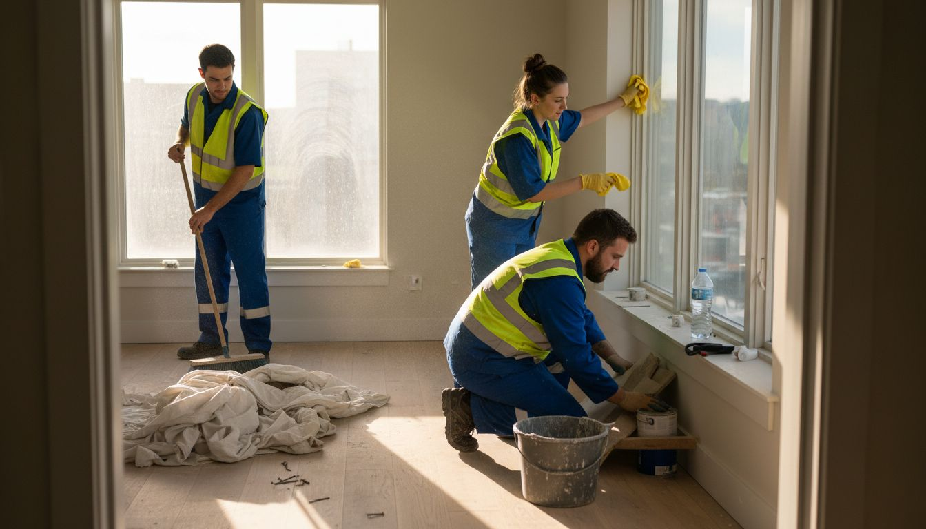 Cleaning crew clearing post-construction debris indoors