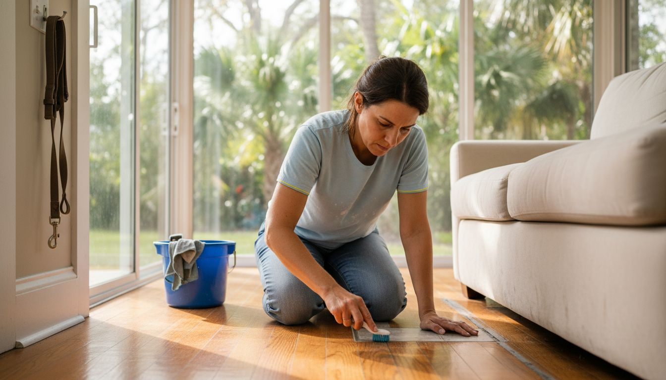 Woman deep cleaning floor in bright sunroom