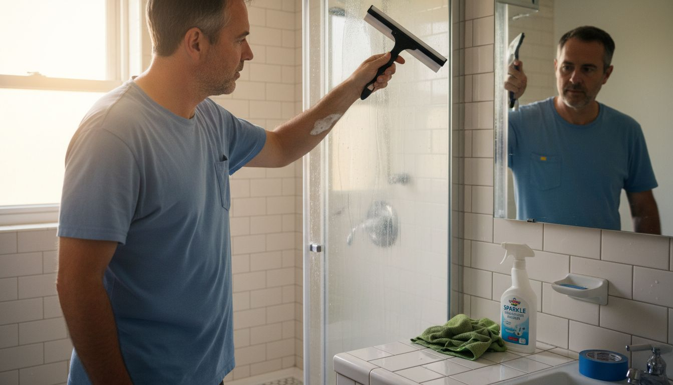 Man cleaning shower door with reflection visible