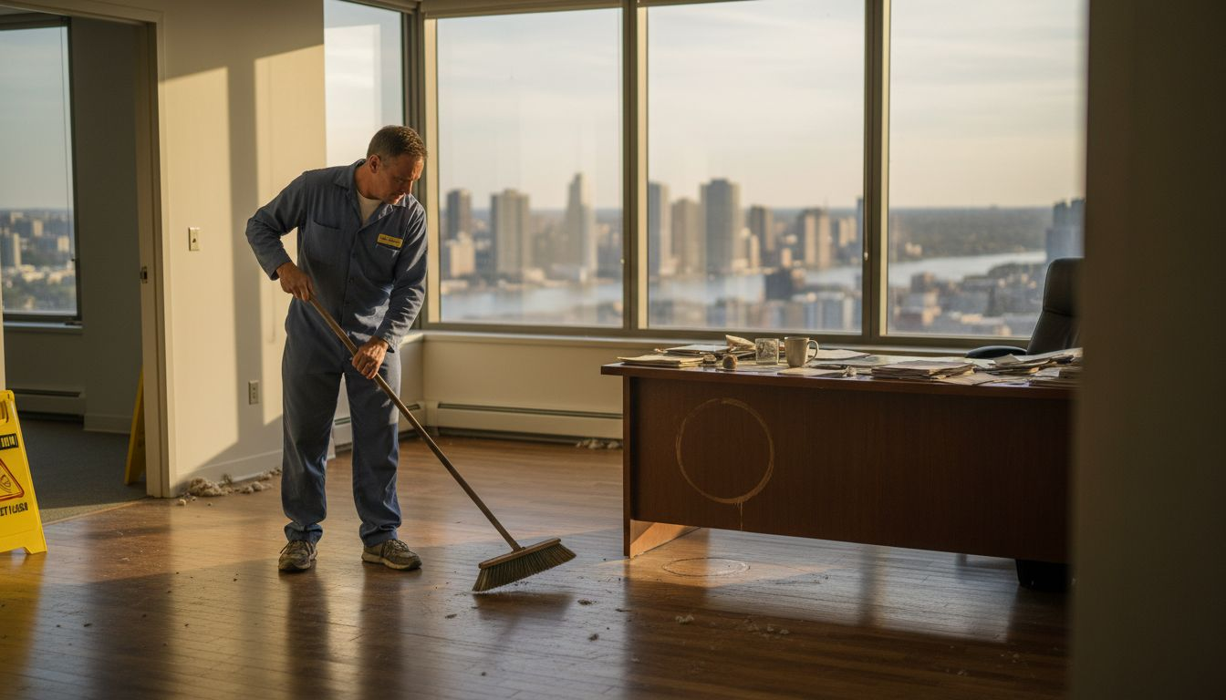 Janitor sweeping 6th-floor office floor