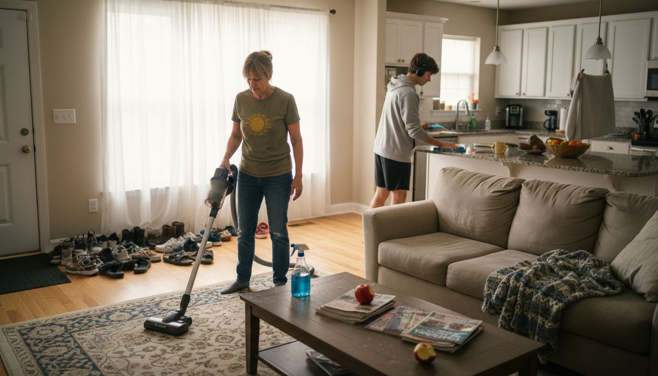 Family tackling cleaning in separate home areas