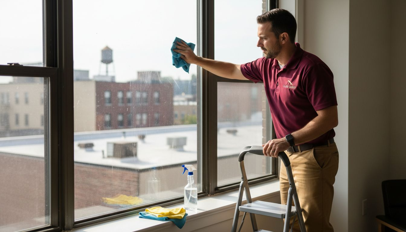 Cleaner wipes rental apartment window sunlight streaks