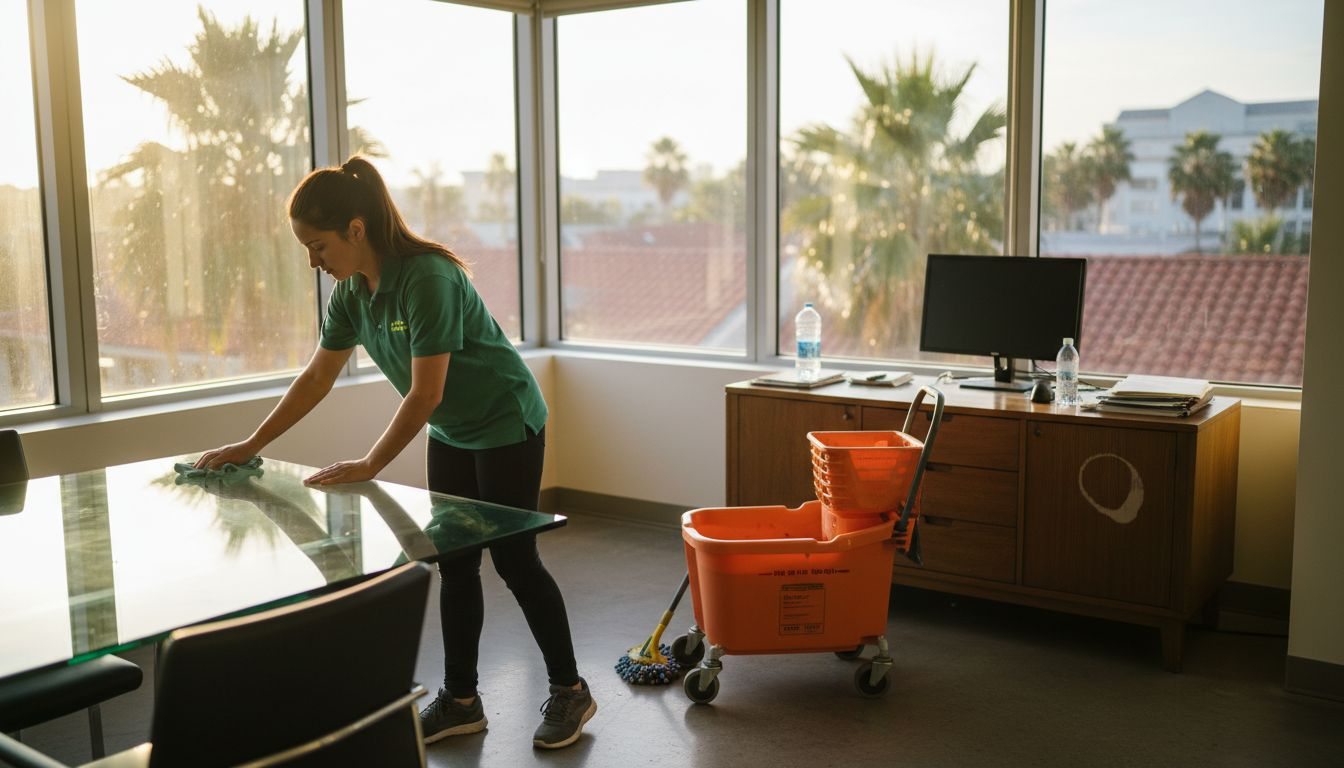 Janitorial staff cleaning bright corner office