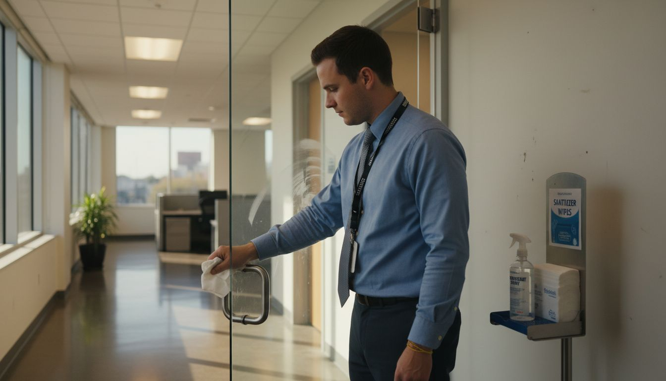 Office worker disinfects high-touch door handle
