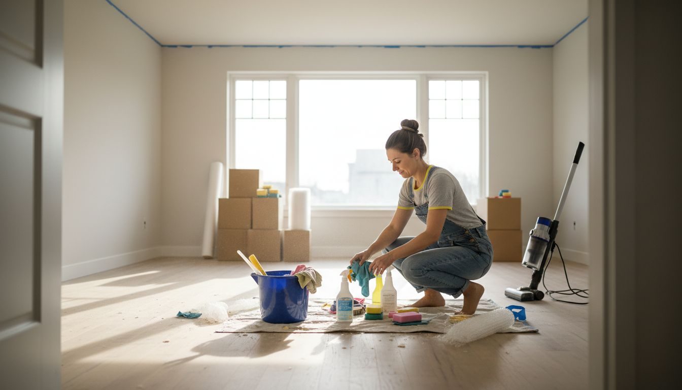 Woman sorting cleaning supplies after renovation