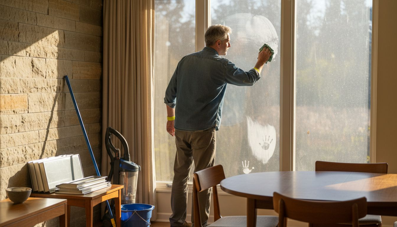 Man cleaning window after renovation dust