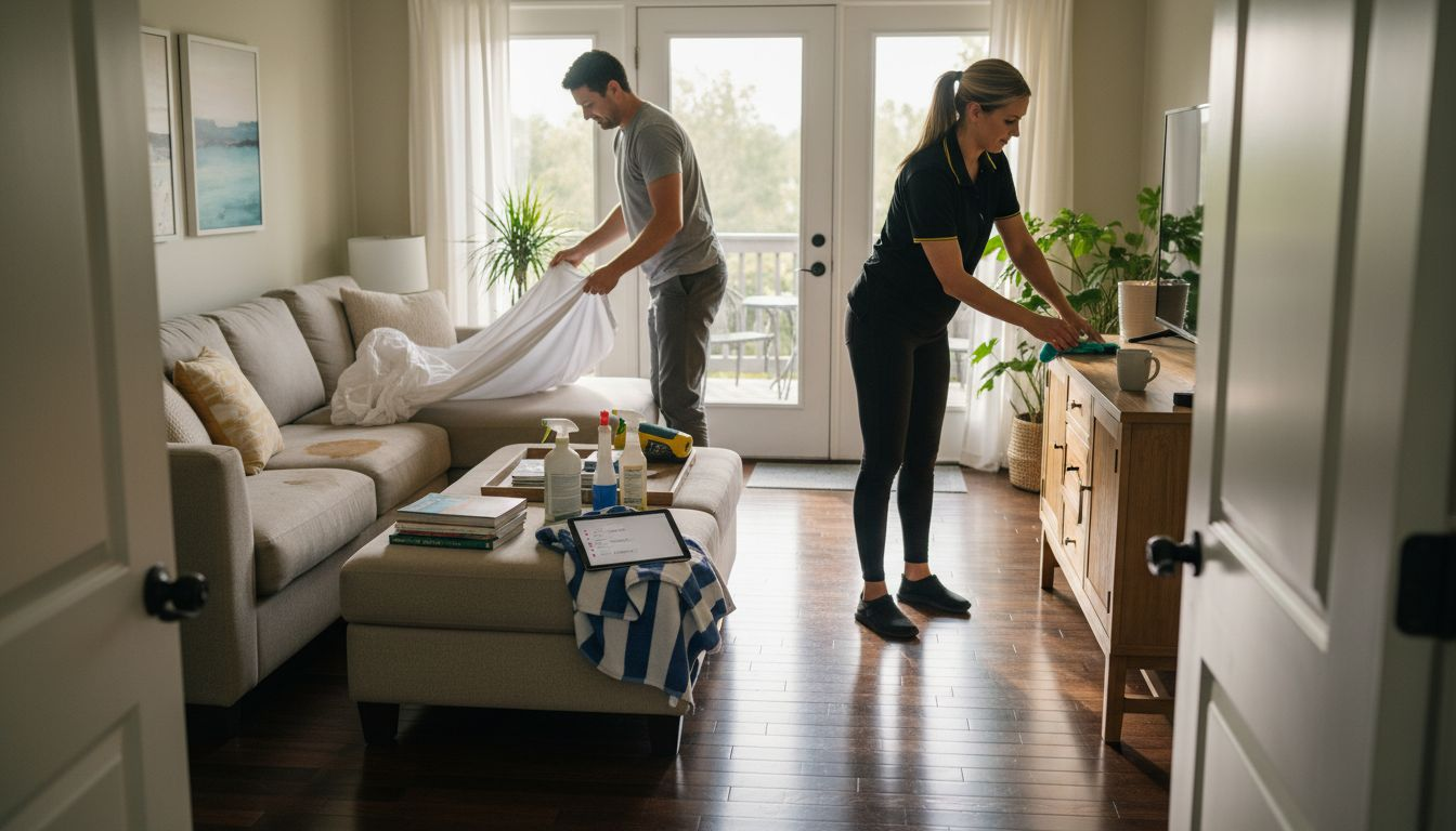 Cleaners working together in vacation rental