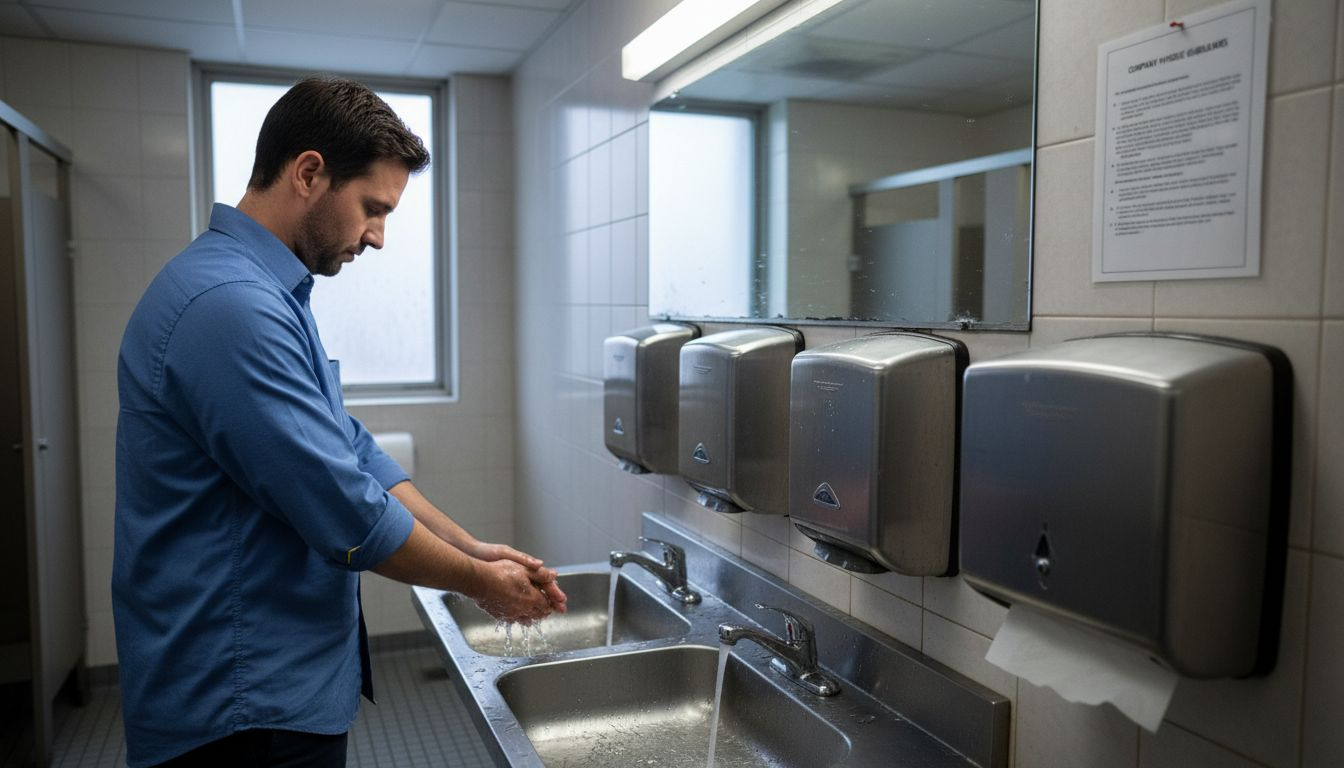 Worker washing hands in office restroom