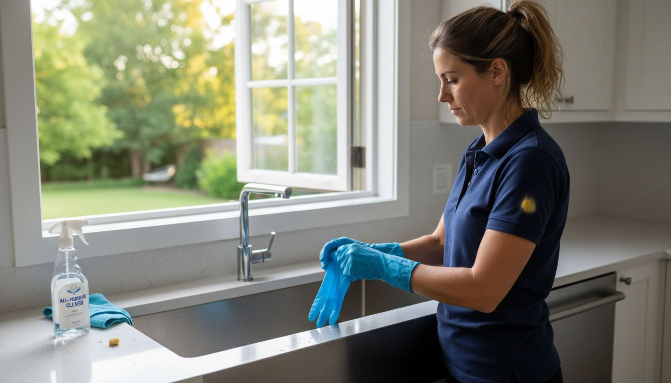 Cleaner prepping gloves in tidy kitchen