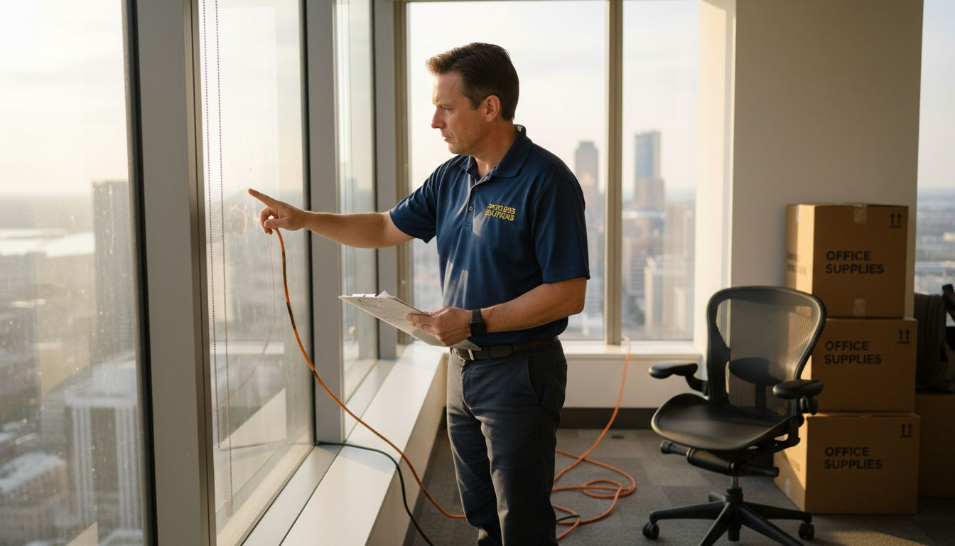 Janitor inspecting office window for cleaning