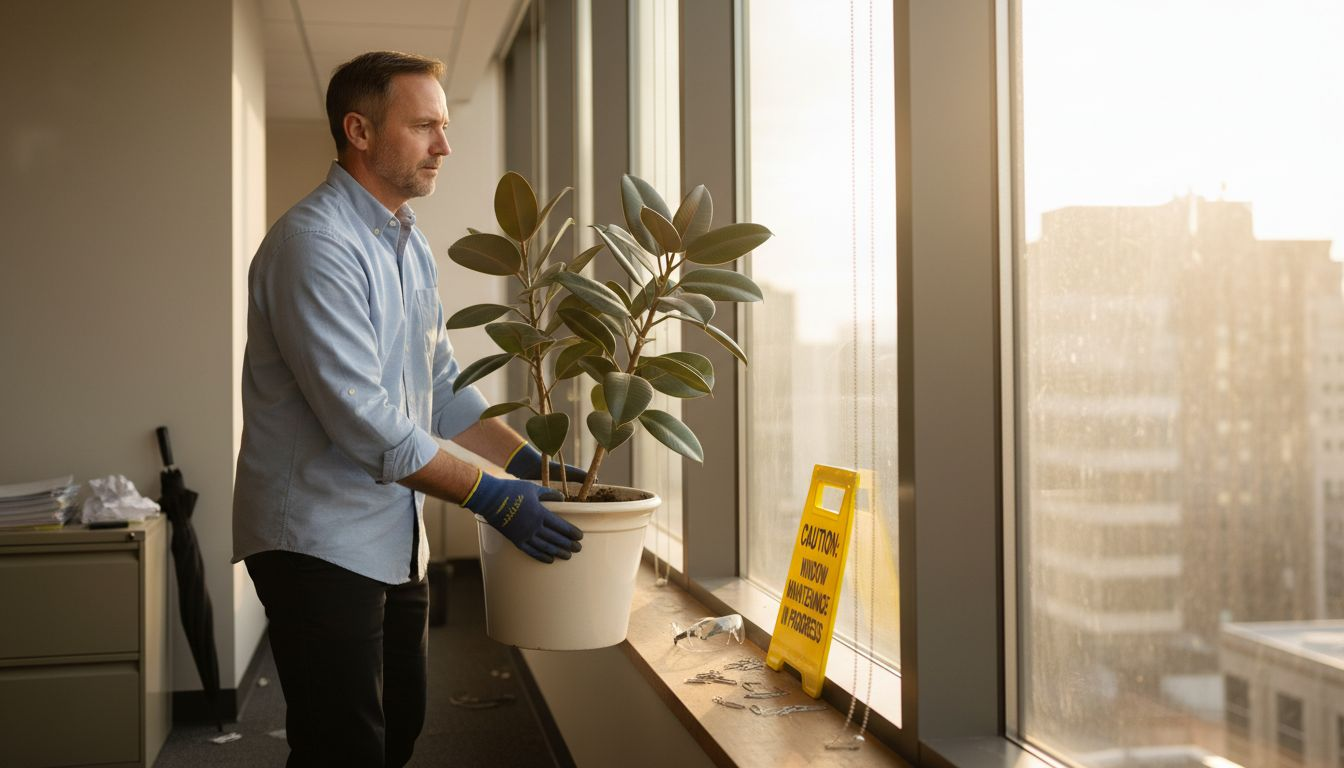 Preparing safe office window cleaning workspace
