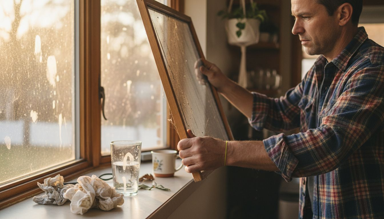 Man removing window screen for cleaning in kitchen