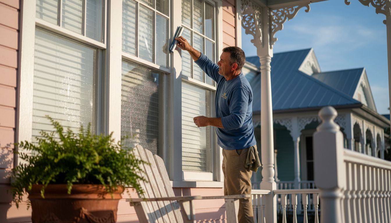 Window cleaner at St. Augustine home exterior