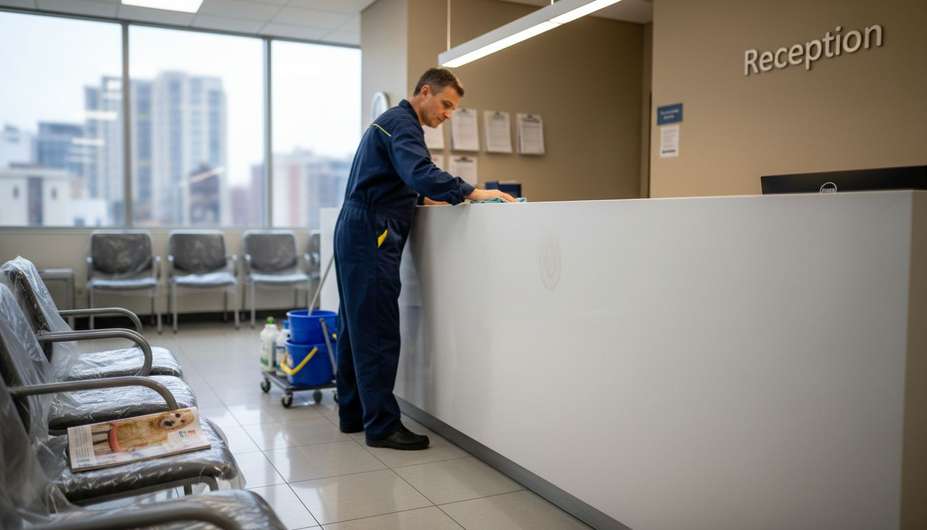 Cleaner sanitizes medical waiting area surfaces