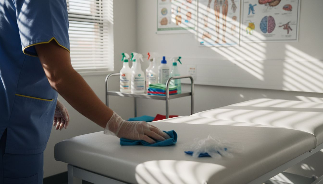 Staff sanitizing medical office room surfaces