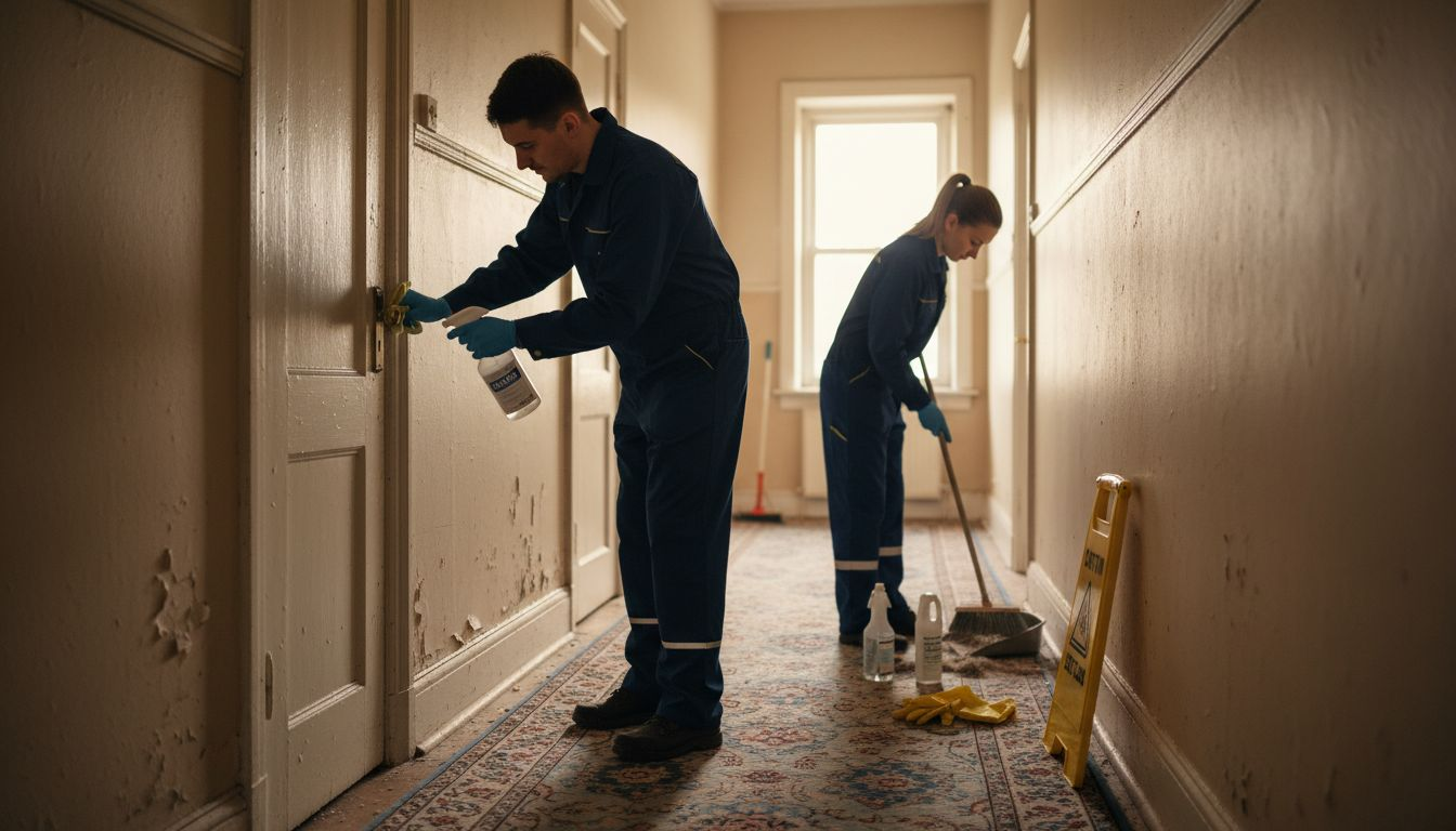 Cleaning team sanitizing apartment hallway