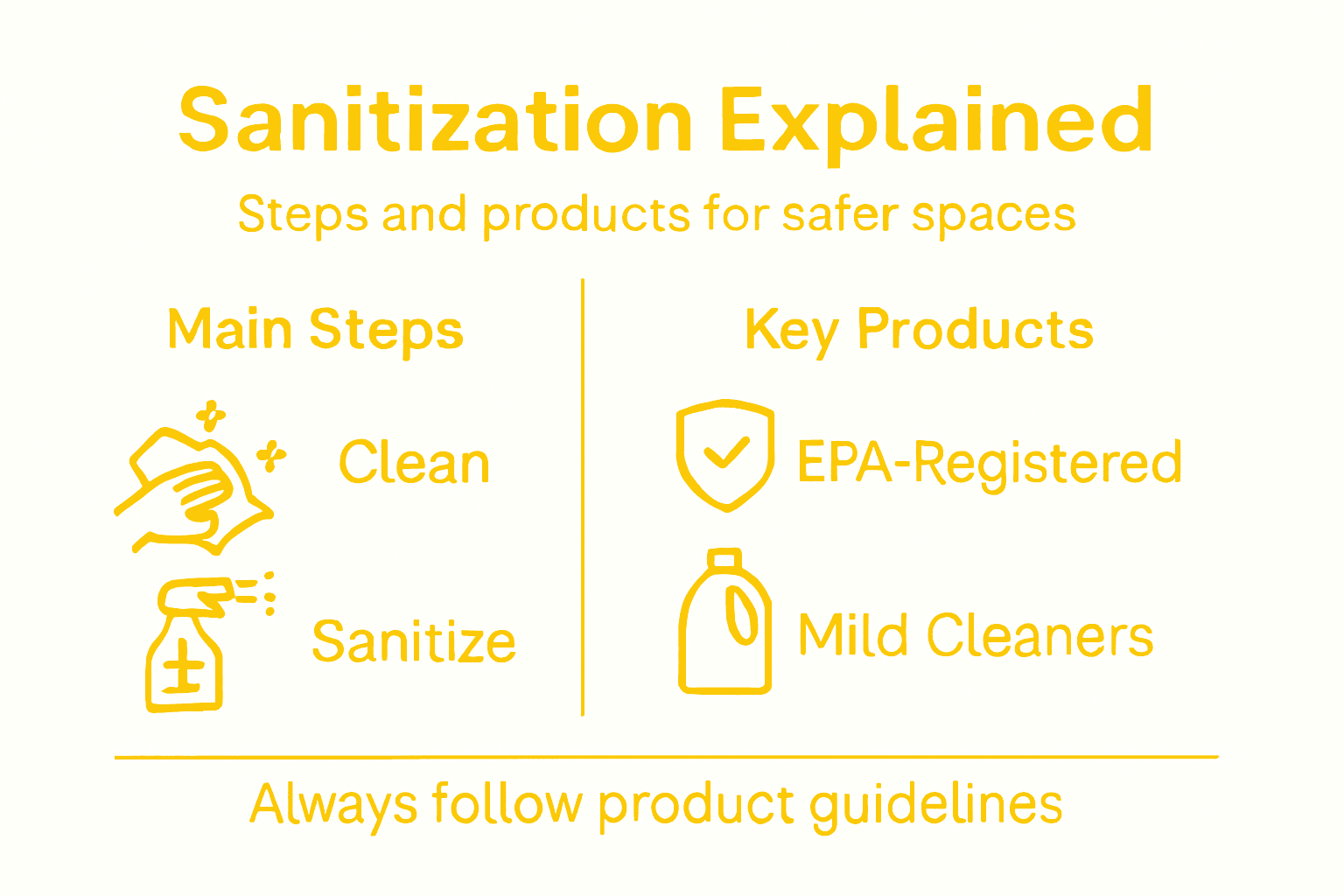 Infographic showing sanitization steps and products