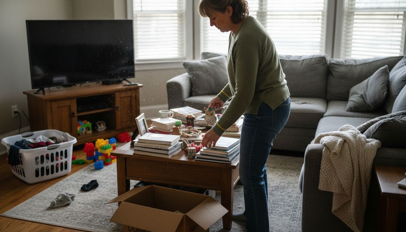 Decluttering living room during deep clean