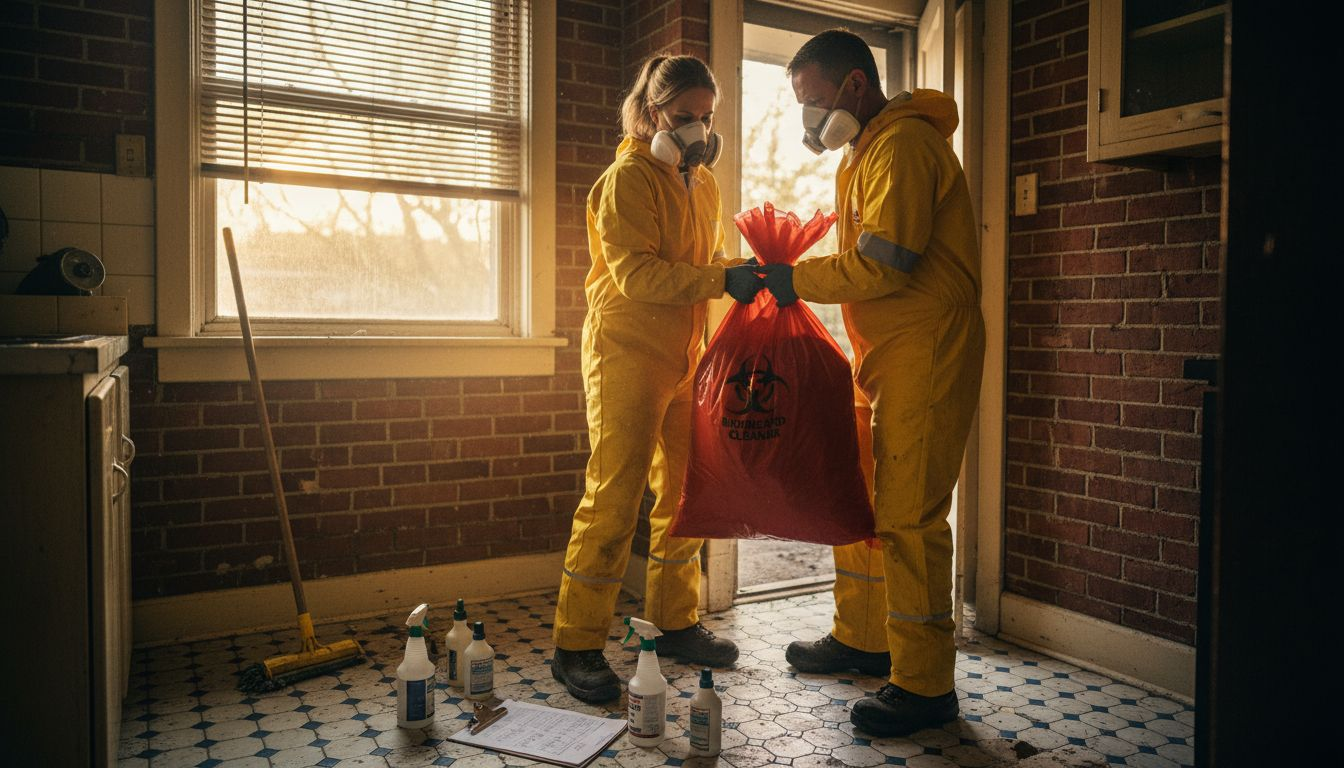 Professionals removing biohazard bags safely