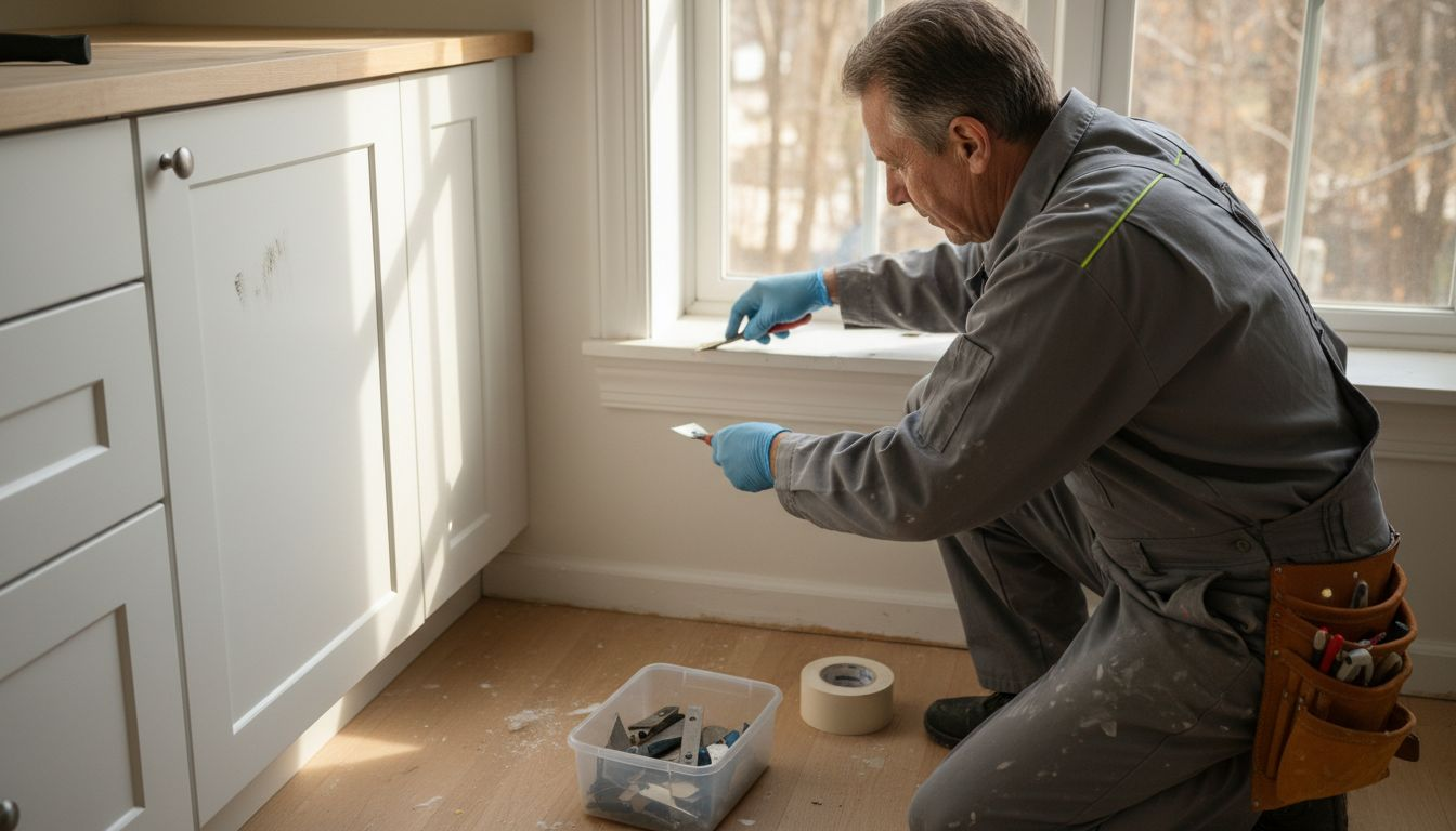 Worker removing paint splatter from window