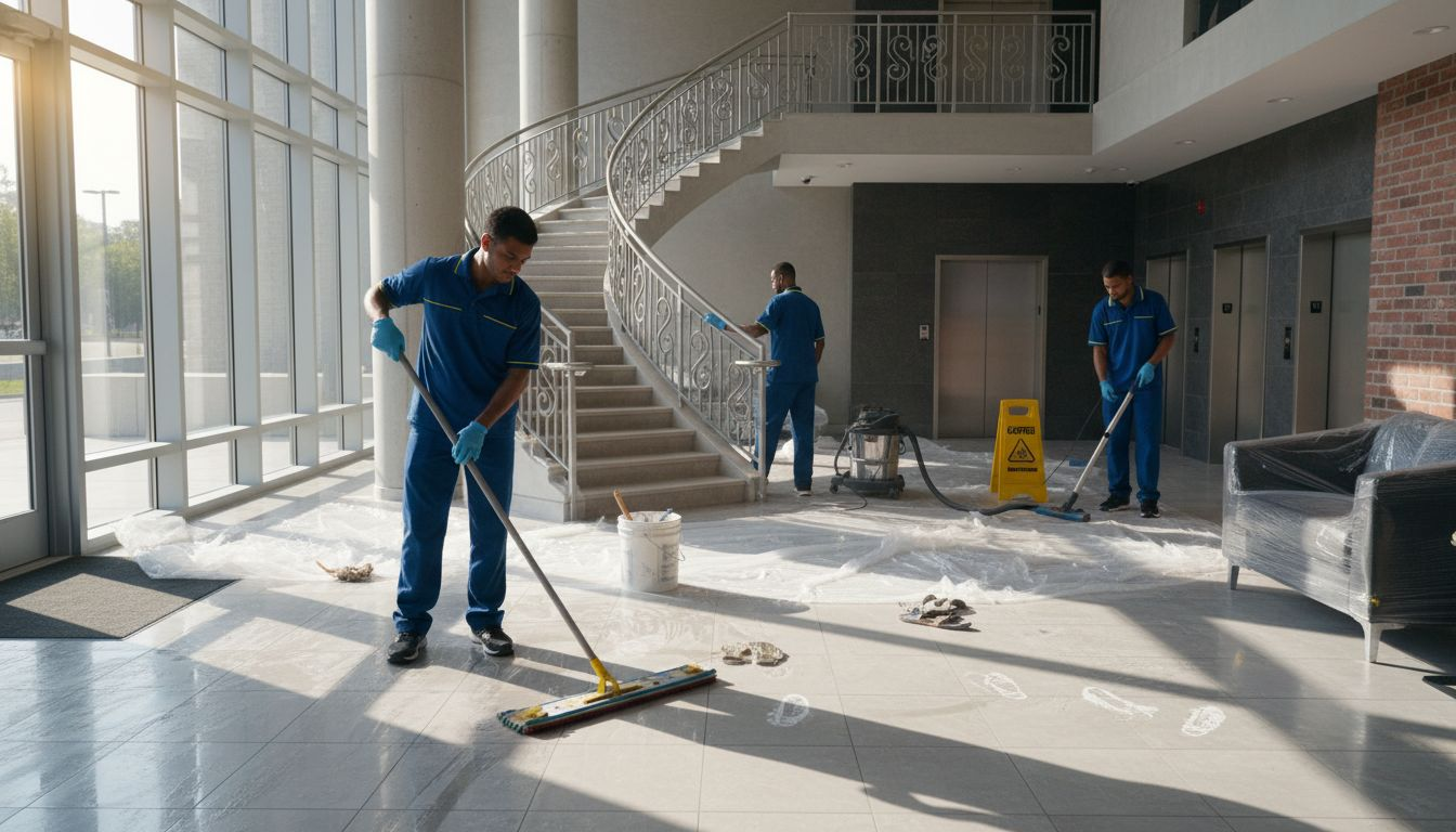 Cleaners working in new apartment lobby