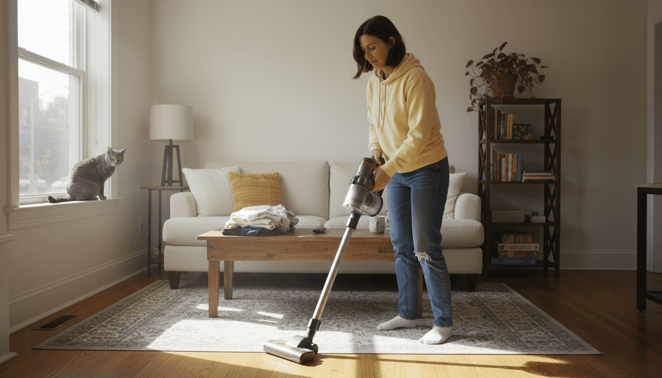 Woman vacuuming cozy apartment living room
