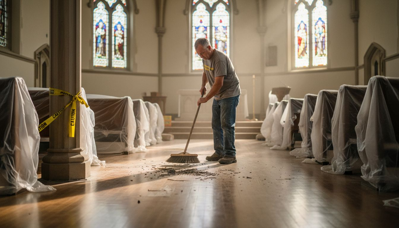 Janitor sweeping debris in church sanctuary