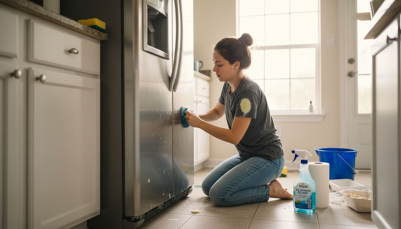 Deep cleaning behind kitchen refrigerator