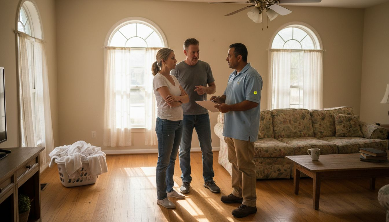 Couple consulting with home cleaner