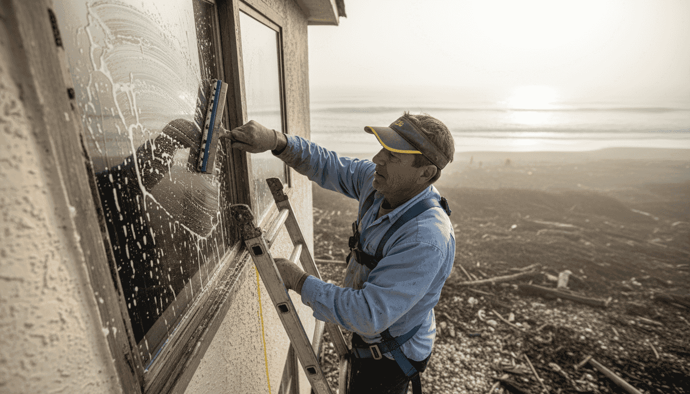 Cleaner removing salt from coastal rental window