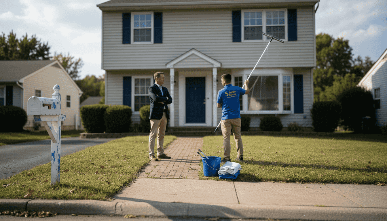Property manager overseeing window cleaning at rental