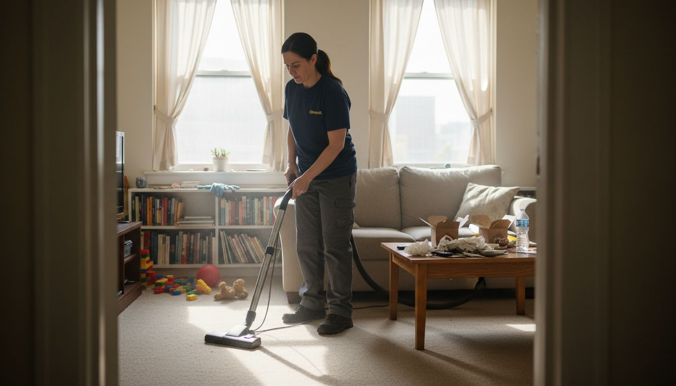 Cleaner deep vacuuming cluttered apartment living room
