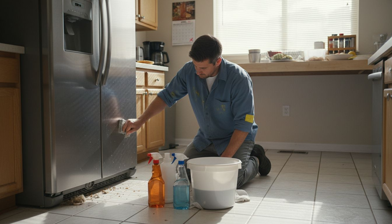 Cleaner scrubs neglected kitchen floor tiles