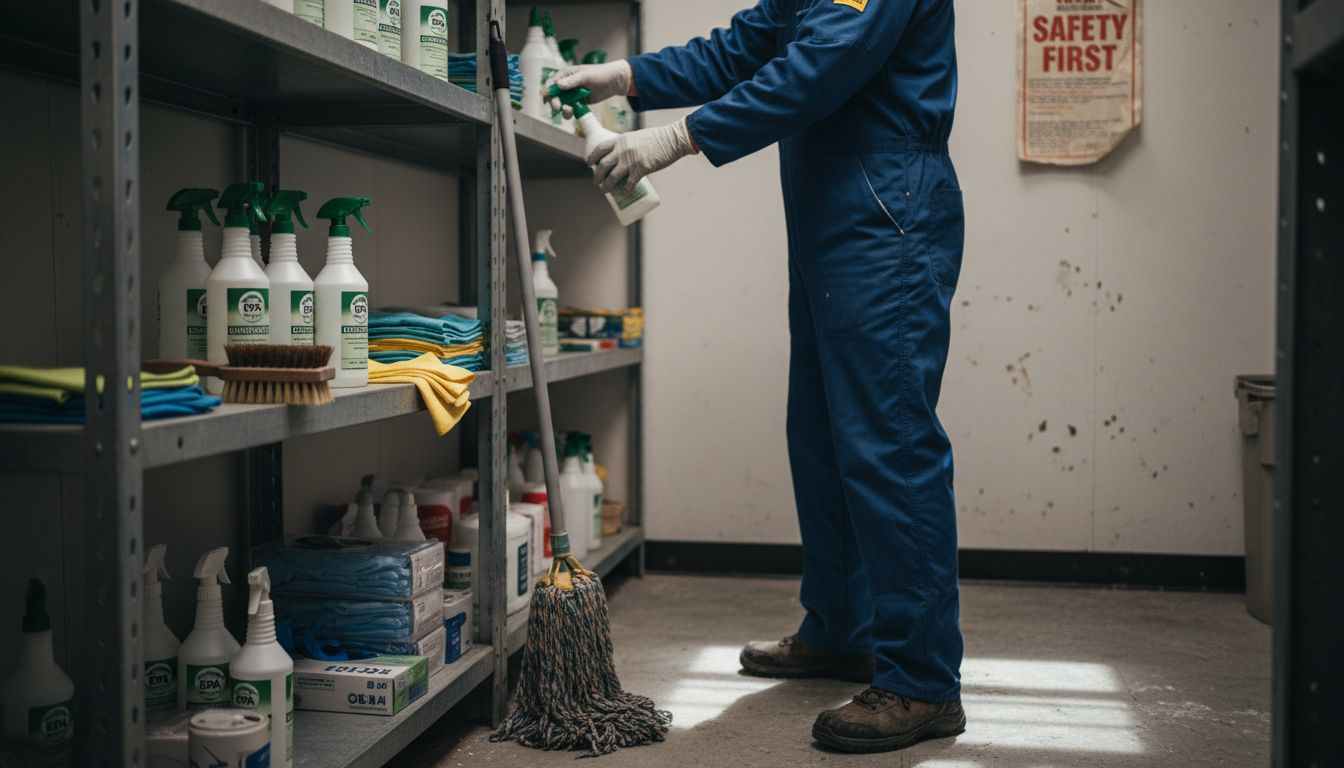 Technician choosing deep cleaning supplies shelf