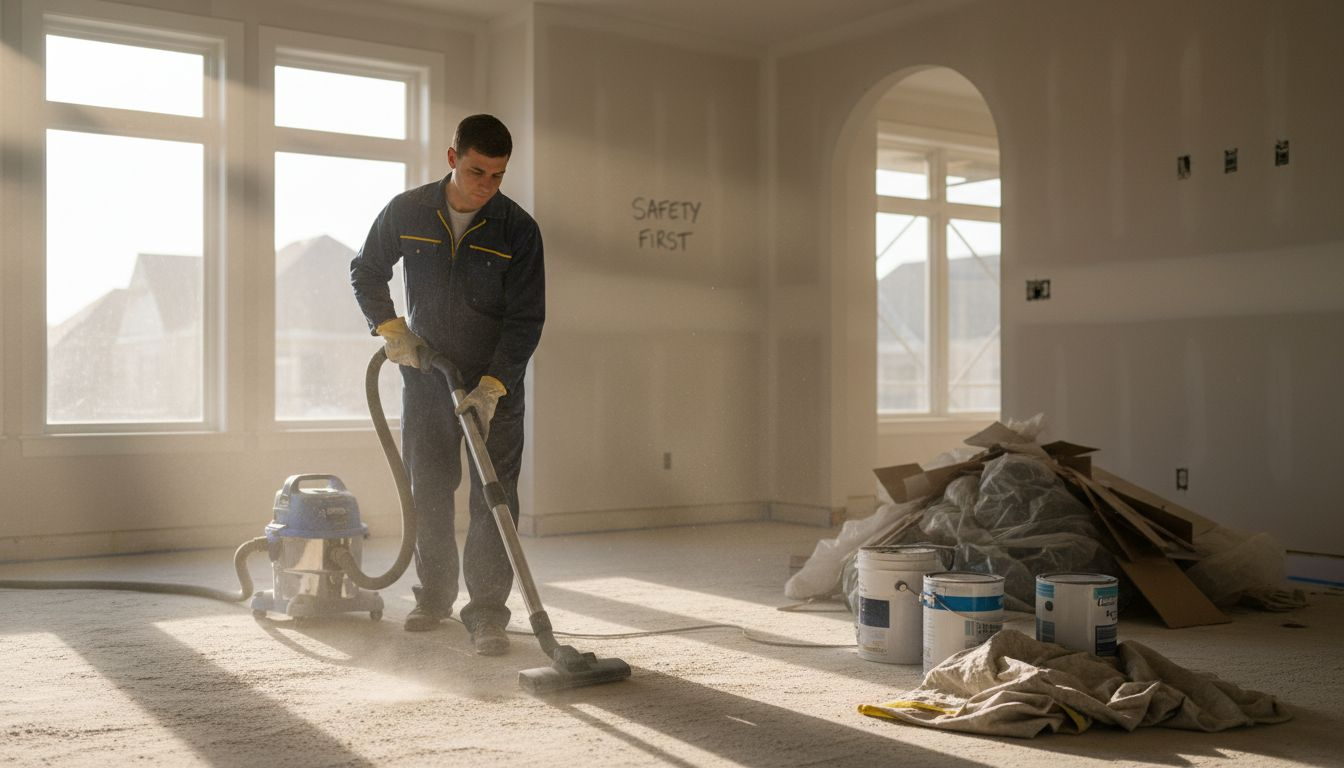 Technician vacuuming dust in renovated home