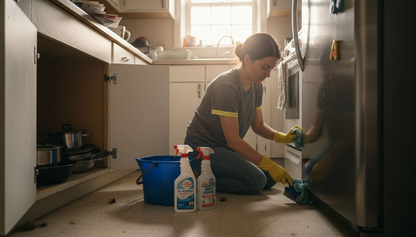 Cleaner deep cleaning behind kitchen appliances
