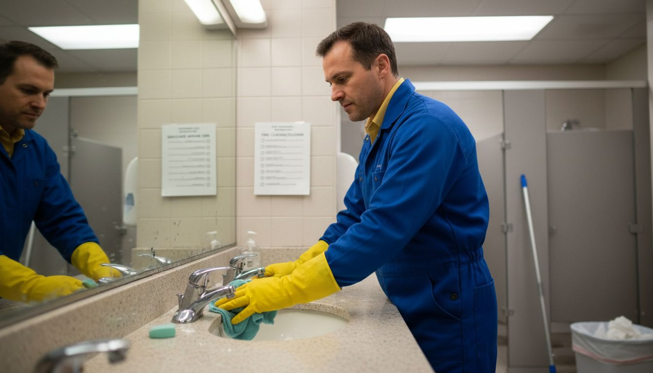 Cleaner performing daily restroom maintenance