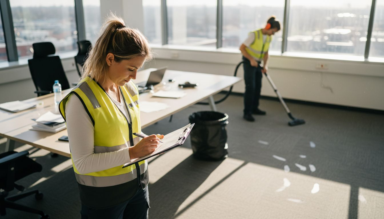 Supervisor checking cleaning tasks in office
