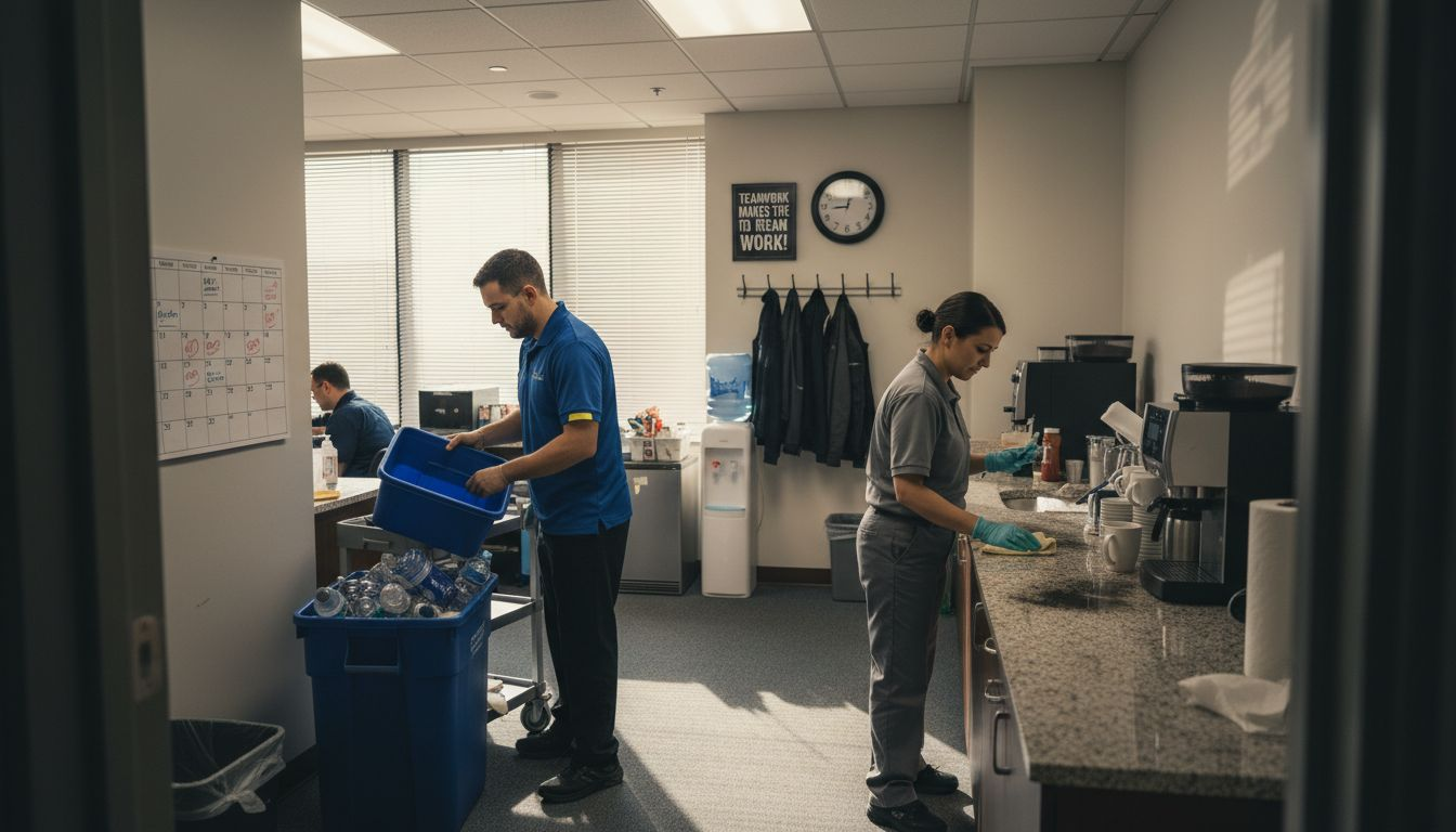 Cleaners collaborating on daily office tasks
