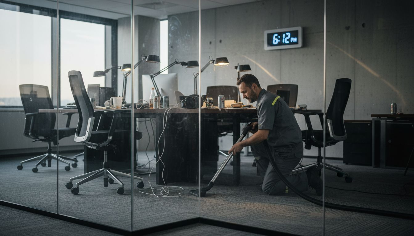Cleaner vacuums messy conference room after meeting