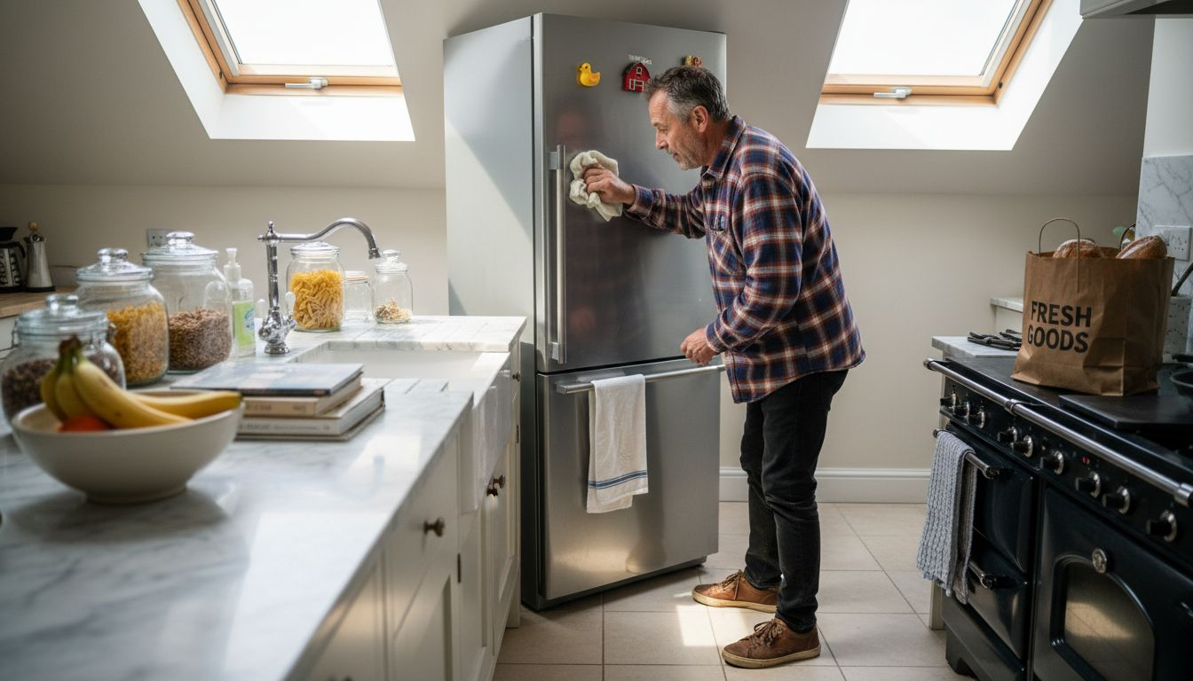 Man cleaning refrigerator in tile-floor kitchen