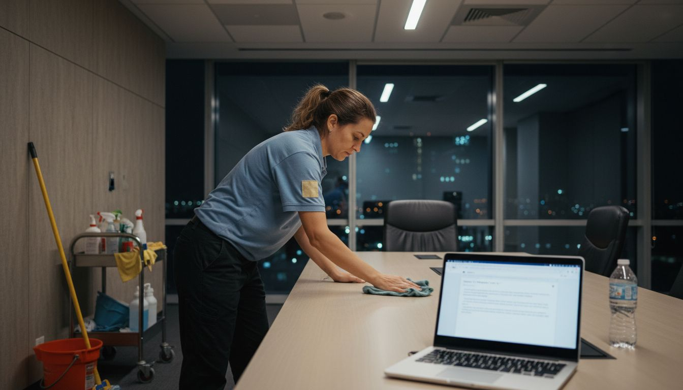 Janitor cleans conference table after hours