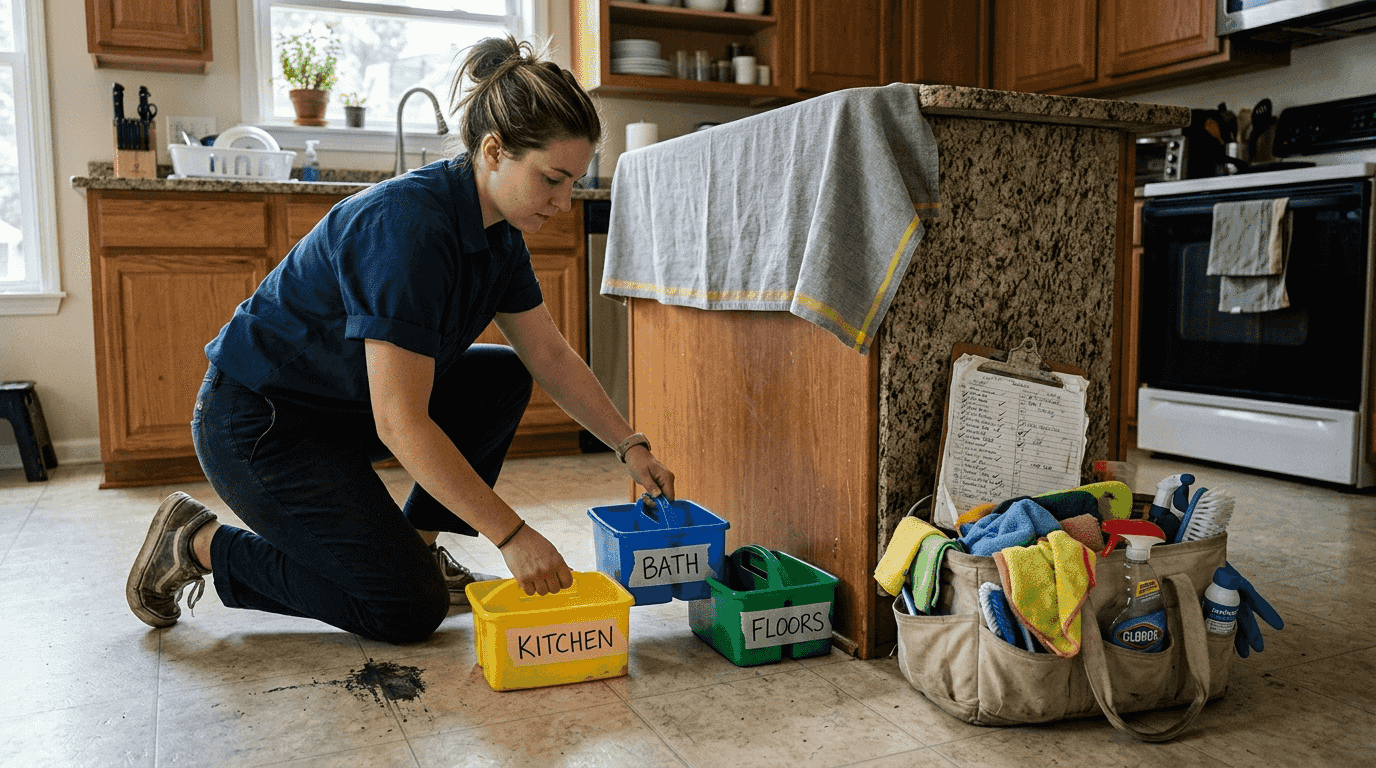 Cleaner organizing labeled caddies in kitchen