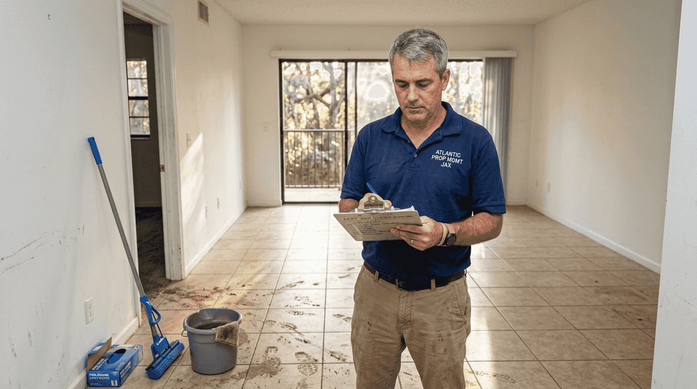 Property manager inspects apartment cleaning needs