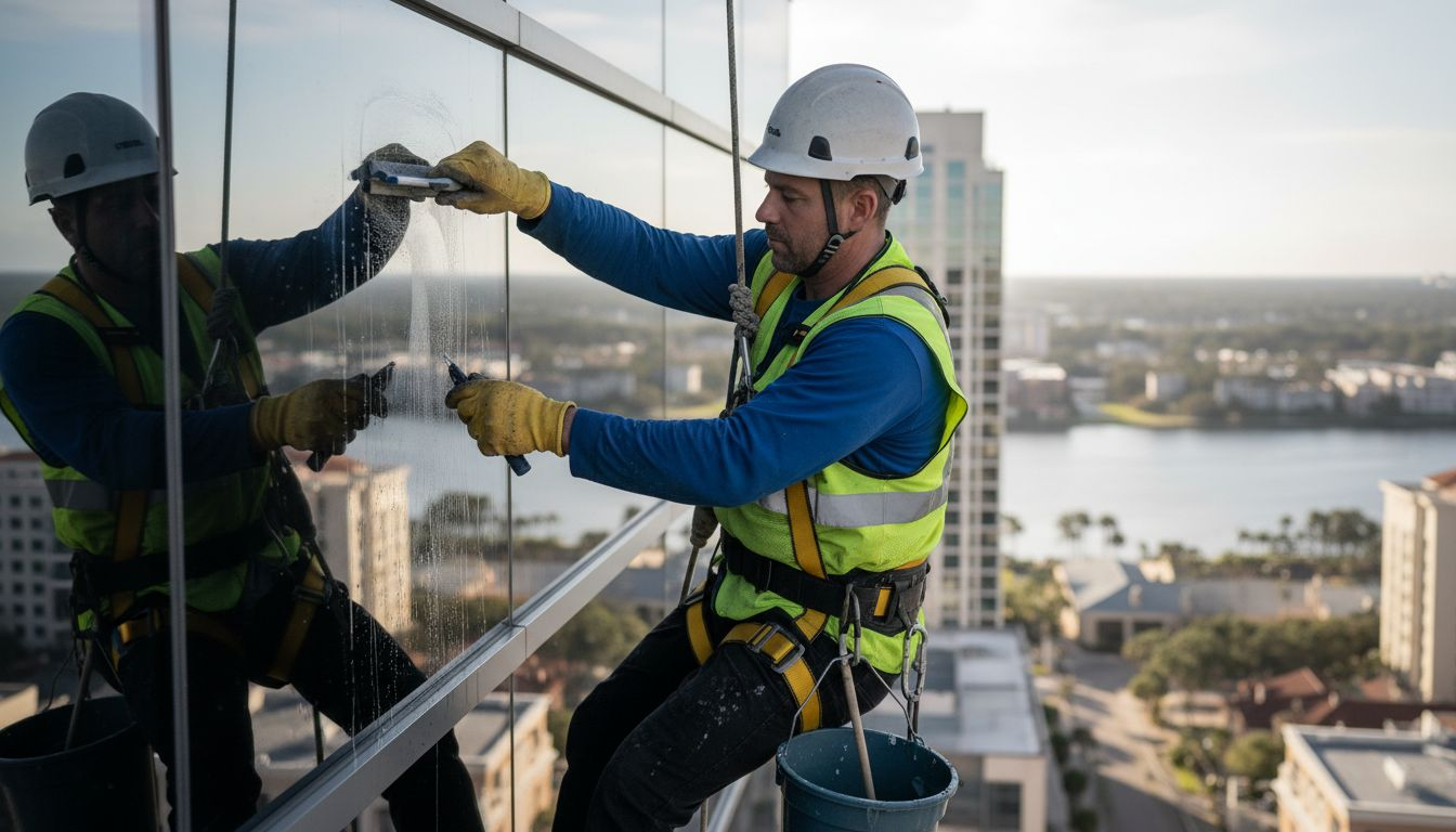 Window cleaner harnessed on high-rise building