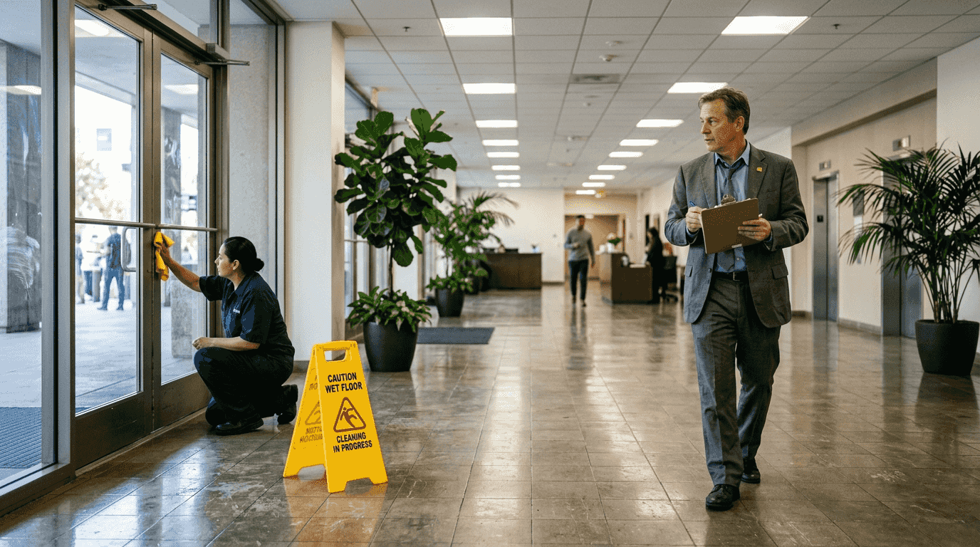 Manager inspects clean office building lobby