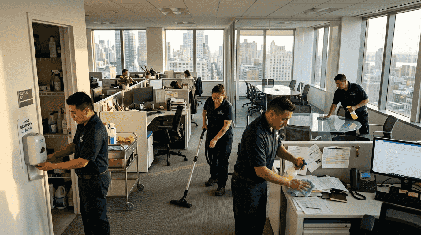 Commercial cleaners working in bright office space