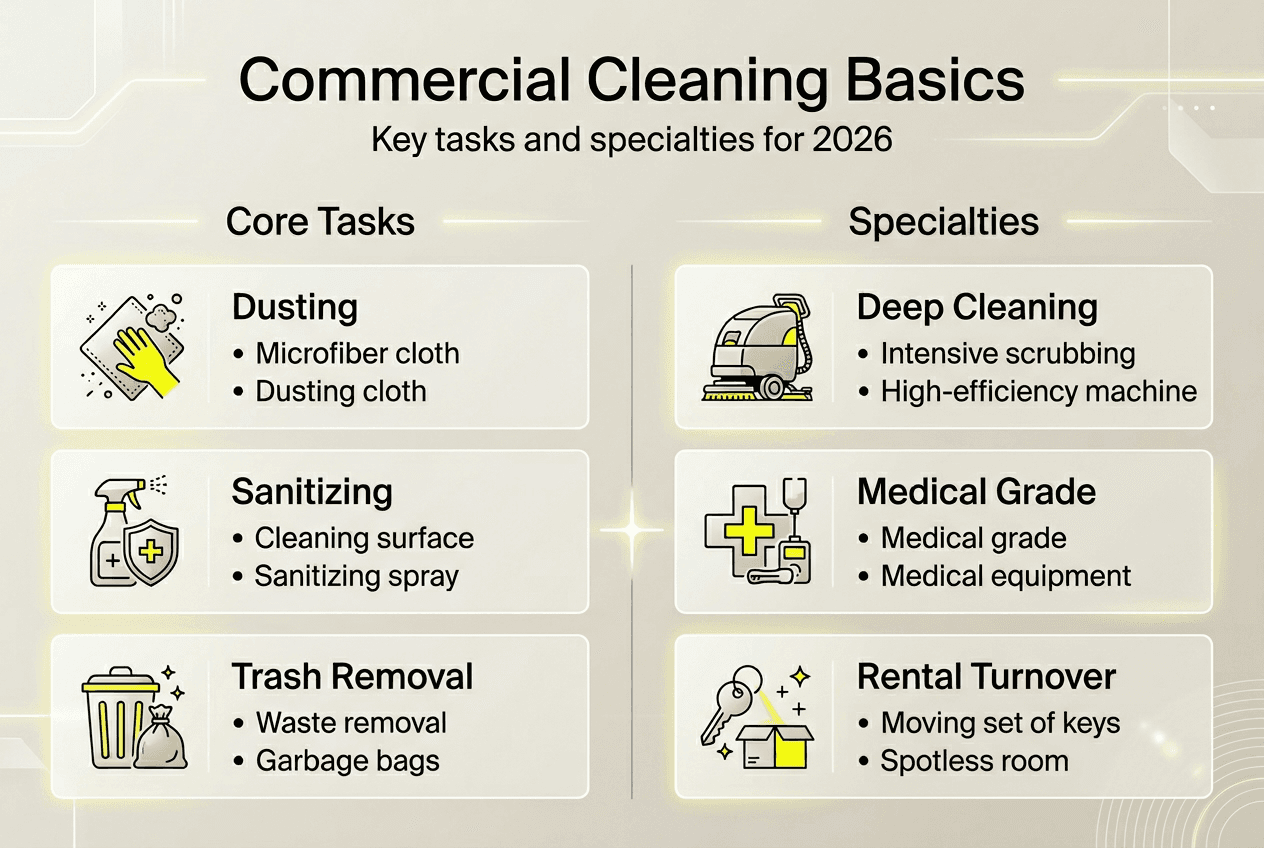 Infographic outlining tasks and specialties in cleaning