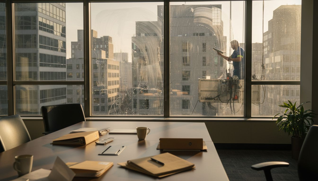 Cleaner on suspended platform cleaning office window