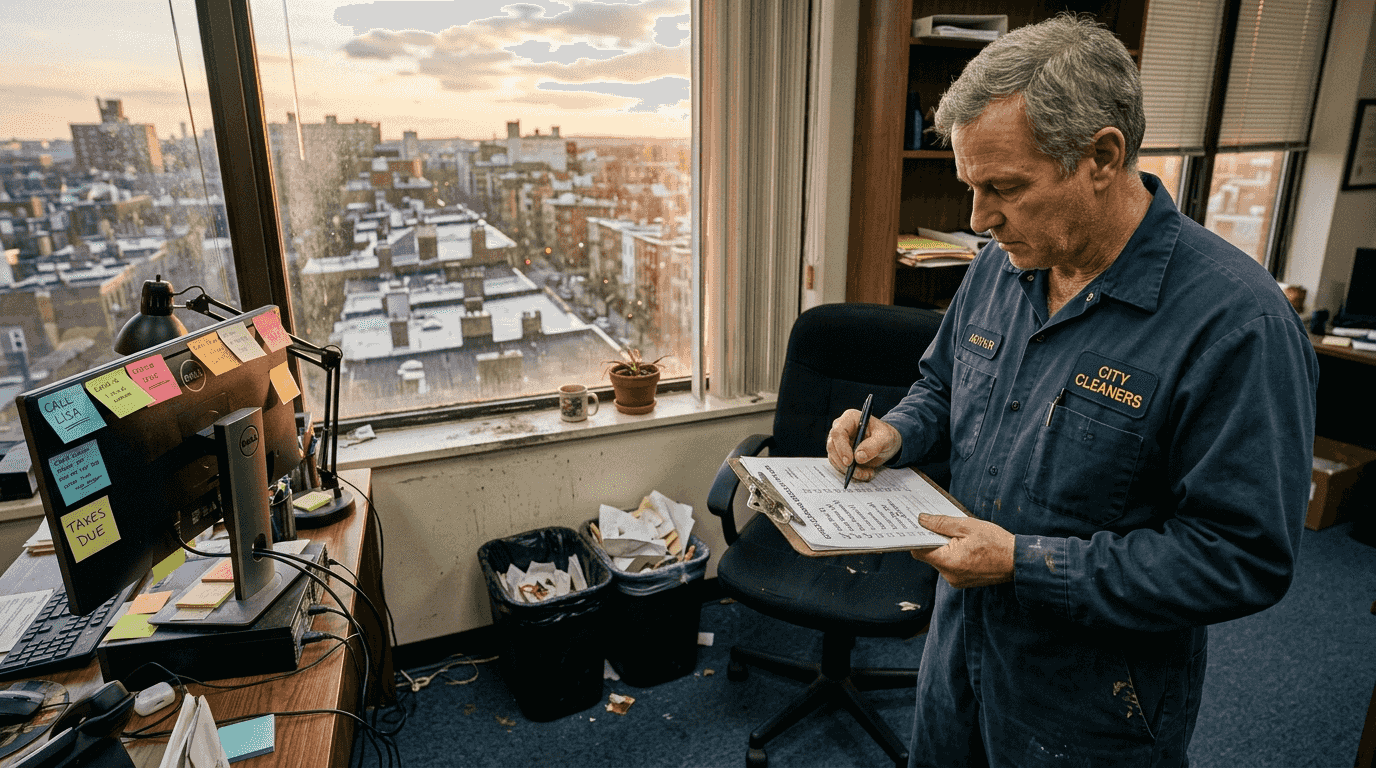 Janitor marking cleaning checklist in busy office